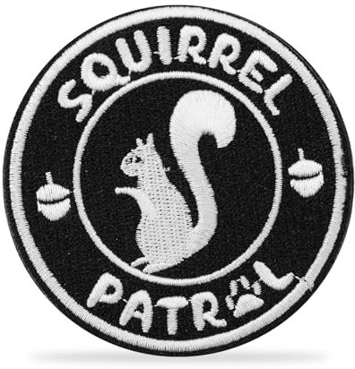 Squirrel Patrol Patch, Magic Adhesive Embroidered Squirrel Patch with Hook and Loop Funny Animal Applique Iron on Squirrel Sew On Patch for Backpacks Hats Dog Vests Dog Harness(Black, White)