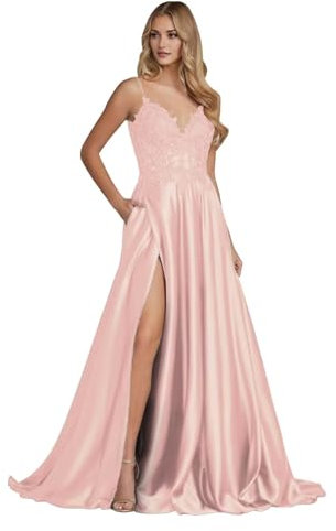 Robe de soirée en satin pour femme - Longue bretelles spaghetti - Robe de bal formelle avec fente, Rose pâle., 50