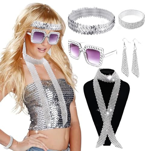 Disco Accessoires, Disco Outfit Damen 60er 70er Jahre Glitzer Accessoires Fasching Disco Zubehör Haarreif Ohrringe Pailletten Schal Brille Glitzer Armband Schmuck Set für Fasching Karneval Kostüm