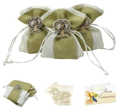 Doni Bomboniere Set Comunione 12 Sacchettini Portaconfetti in Cotone e Misto Juta Avana con Simboli Sacri 12 Bustine Confetti Bianco al Cioccolato 12 Bigliettini da Personalizzare Gadget Confettata