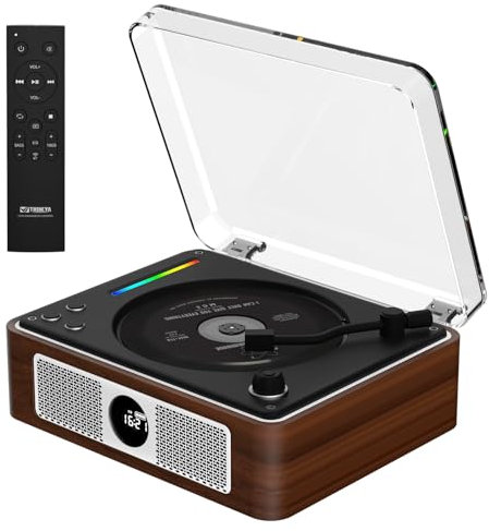 Lecteur CD portable, rétro portable avec double haut-parleurs stéréo Bluetooth, 2600 mAh, rechargeable pour la maison avec télécommande, prise en charge USB/AUX, prise casque, marron optique