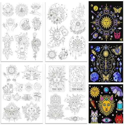 ORIGACH 4 Blatt Stickvorlagen Wasserlöslich, Hexerei Stickvorlagen Wasserlöslich für DIY Projekte Selbstklebend Stickaufkleber Stickvorlagen Kreuzstich Sticken Für Anfänger