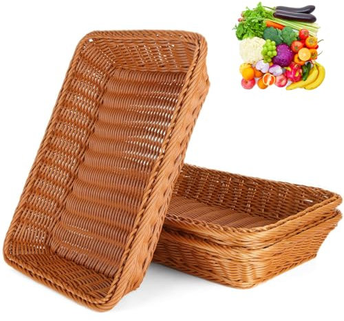 Bssowe 3 Pezzi Cesto di Pane Vimini Imitazione, Cestini per Pane Impilabili, 35x25x7 cm Cestino Pane, Cestini per il Pane Rettangolari in Finto Vimini Intrecciato, per Ristorante, Casa (Marrone)