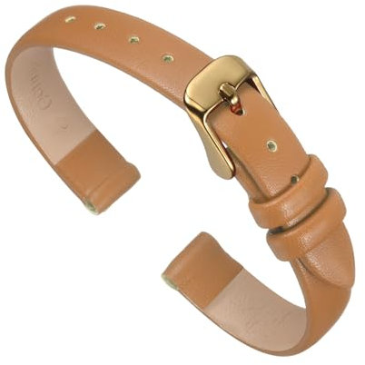 QUARKZMAN Bracelet En Cuir Véritable Marron 10mm De Largeur, Bande De Monture Plate Et Fine Élégante Avec Boucle Dorée Pour Hommes Et Femmes