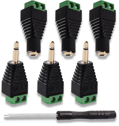 KUOQIY 6 Stücke 3.5mm Schraubanschluss, 3.5mm TS Mono Stecker/Buchse auf 2 Pin Schraubklemme, AUX-Kopfhörer Balun Lötfreier Konverteradapter mit Schraubendreher