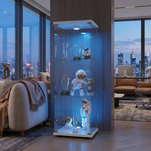 YNYHTER LED-Glasvitrine, 125 x 42 x 36 cm Glasvitrine mit Schloss und Tür, 3 Regalböden, große transparente Sammlervitrine für Wohnzimmer Bar (3 Ebenen+Beleuchtung, Weiß)