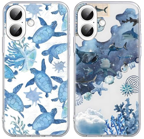 Foonary 2 Pack Transparent Sea Turtle Fish Print Phone Case for iPhone 16 6.1,with Aesthetics Pattern Design Soft Silicone Cases,Shockproof Bumper Protector Clear Cover,Girls Women