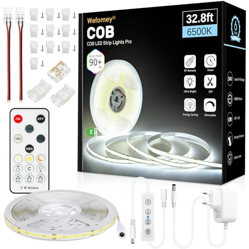 COB LED Streifen 10M, LED Strip Kaltweiß 6500K, 24V Dimmbar Flexibles COB LED Streifen Licht Set, mit Netzteil und Fernbedienung, 8mm Breite, CRI 90+ Hohe Dichte für Home Dekoration Treppe Küche