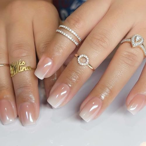 24PCS Gradient False Nails - Pearl Ombre Press on Nails - Square Nude White French Tip FalseNails - Natural Skin Color Gradient Acrylic False Nails with Glue Home DIY Nail Art
