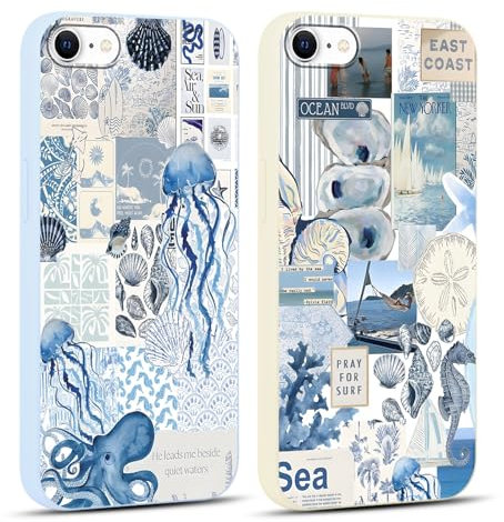 Vxinvnoi 2 Stück Handyhülle für iPhone 16e/SE 4/SE 2025 Hülle, Collage Motiv Aesthetic Meer Bunt Sommer Muster Mädchen Case, Weich Silikon TPU Stoßfeste Kratzfest Schutzhülle für iPhone 16e 6,1, Blau