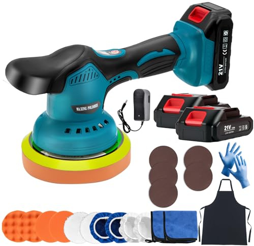 Cordless Buffer Polisher with 2x21V Rechargeable Batteries, 6IN Car Buffer Polisher with 8 Variable Speed 2800-5500RPM & 21PCS Attachments, Cordless Polisher for Car Detailing/Sanding/Scratch Removing