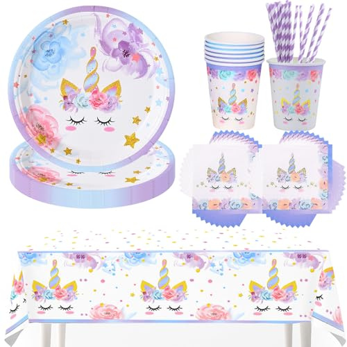 Einhorn Partygeschirr Set,Einhorn Teller Becher,Einhorn Partygeschirr Geburtstagsdeko Set,Partygeschirr Einhorn Set,Einhorn Geburtstag Party Geschirr,Pappbecher,Servietten für 10 Gäste