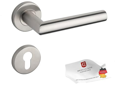 Beschläge Hamburg | Türgriff FRANKFURT 07 VAM PZ | Türklinke mit Profilzylinder Rosetten ø53x9 mm | Türbeschlag für Zimmertüren | Drückergarnitur Türdrücker für Innentüren in Edelstahl matt gebürstet