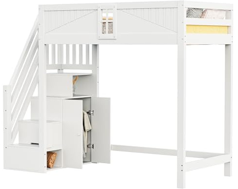Azkoeesy Letto a soppalco per bambini con scala e armadio, 90 x 200 cm, in legno di pino, grigio-bianco, design a forma di finestra, per adulti e ragazzi (bianco)