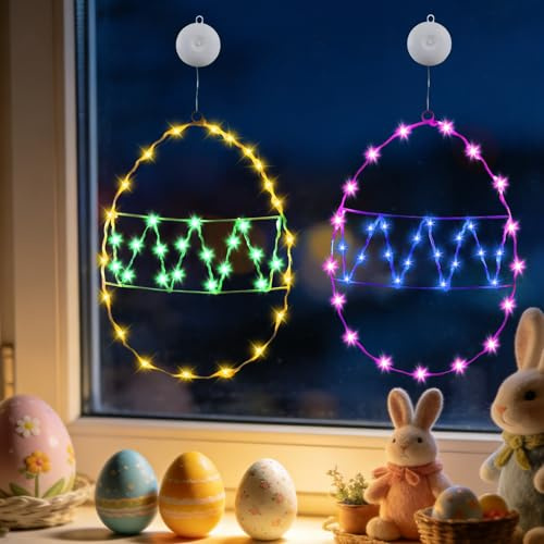 2 Stück Osterdeko LED Fenster Licht, Ostereier Fensterbeleuchtung, LED Lichterkette Ostereier Fensterdeko mit Saugnapf, Ostern LED Fensterbeleuchtung, Osterdeko LLed Fenster Licht, für Fenster Deko