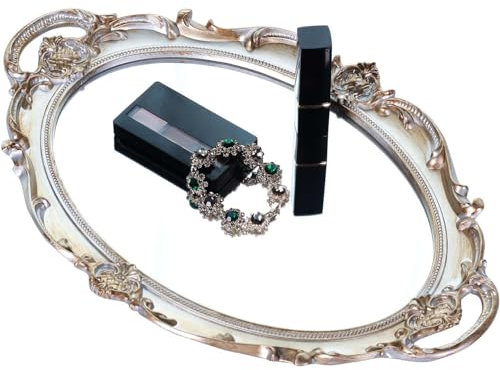 Zosenley Polyresin Ellipse Antik Dekorative Spiegeltablett, Make-up-Organizer, Schmuck-Organizer, Serviertablett, 24,9 x 37,1 cm, Goldsilber