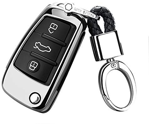 Happyit Cas de Couverture de Clé de Voiture TPU pour Audi Sline A3 A5 Q3 Q5 A6 C5 C6 A4 B6 B7 B8 TT 80 S6 avec Porte-clés (Argent)
