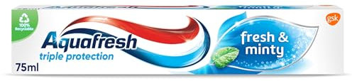 Aquafresh Fresh and Minty Fluoride Toothpaste, Triple Protection, Rebuilds enamel Strength, Helps protect gums* and Refreshes breath, 75ml
