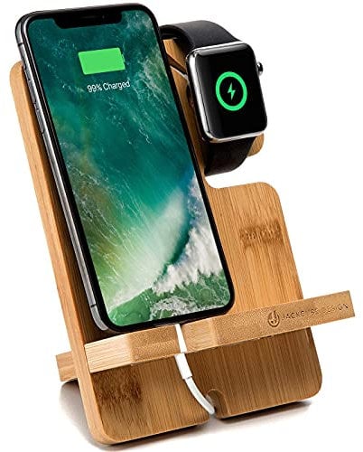 J JACKCUBE DESIGN Smartphone and Watch Stand Charging Dock Bamboo Station Wood Key Wallet Men accessories Holder: MK243A (brown)