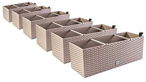 PAFEN 6in1 Set 6X Balkonkasten Blumenkasten Rattan-Optik 4 Farben Pflanztopf Wasserstandsanzeiger (Mocca)