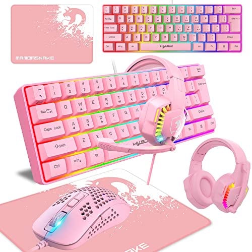 60% Wired Compact Gaming Keyboard Mini 61 Tasti 11 RGB Retroilluminato Effetti con Tasti Pieni Anti-ghosting+ Mouse Ottico Leggero A nido d'ape 2400DPI+ Gaming Headset + Mouse Pad-Rosa