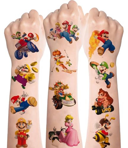 Tattoo Kinder,Super Mario Temporäre Tattoos Stickers 8 Blätter Set,Wasserdichte Aufkleber,Mario Kindertattoos für Mädchen Jungen Kindergeburtstag Mitgebsel Party