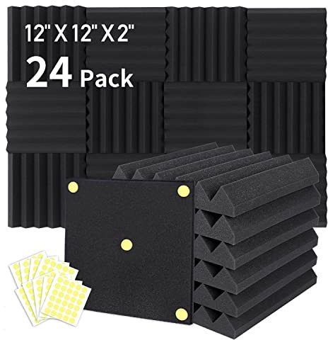 Focusound Akustikschaumstoffplatten, 5,1 x 30,5 x 30,5 cm, schalldämmender Schaumstoff, Geräuschunterdrückung, mit 120 Stück doppelseitigem Klebstoff, 24 Packungen