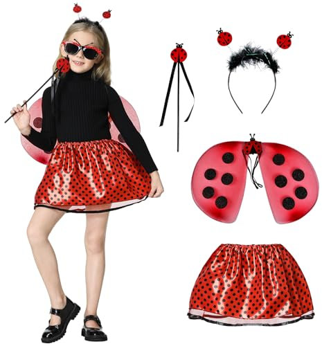 Ulikey Ladybug Kostüm Kinder, 5-Teiliges Marienkäfer Kostüm Kinder mit Flügel, Tüllrock, Zauberstab und Tiara, Cosplay Ladybug Kostüm, Feen Rock Ballett Kleider für Karneval Cosplay Party Fasching
