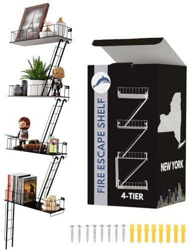 Versatile KAS 4-Tier Metal Fire Escape Wall Shelf | 30 NYC Industrial Floating Shelves for Action Figures | Black Urban Display Ladder with 7.5lb Capacity