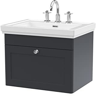 nuie CLC1494B Classique Traditional Bathroom Wall Hung 1 Drawer Vanity Basin Unit with 3 Tap Hole Fireclay Basin, 600mm, Soft Black