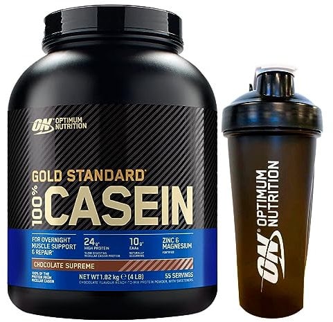 Optimum Nutrition Gold Standard 100% Casein Proteine di Caseina in Polvere a Rilascio Graduale Durante la Notte con Zinco e Magnesio Gusto Cioccolato 55 Porzioni 1,82Kg + Shaker