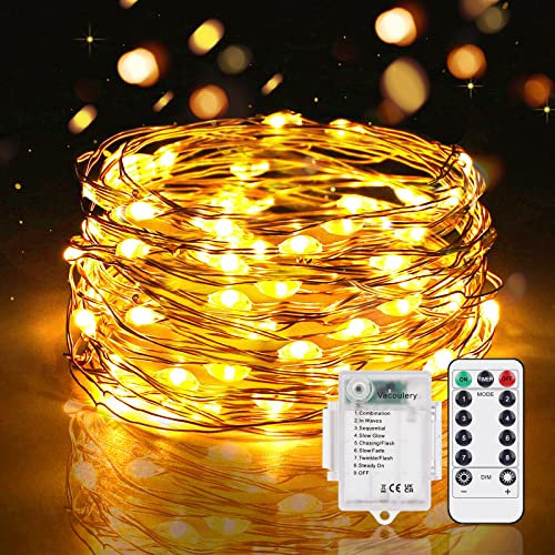 Vacoulery Led Stringa Luci a Batteria, 5M 50 LEDs 8 Modalità Lucine led Decorative IP65 Impermeabile con Telecomando, Timer e Dimmer per Interni e Esterni, Natale, Matrimonio (1 Pezzi, Bianco Caldo)