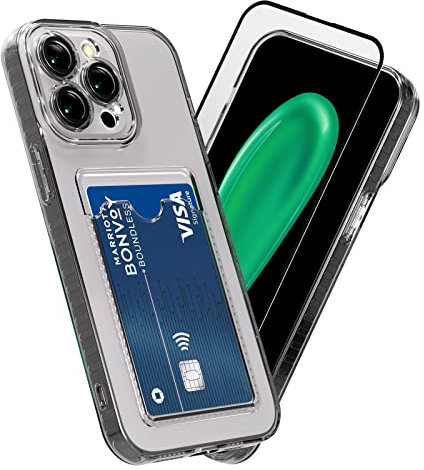 SharkProten Hülle für iPhone X/XS mit Gehärtetes Glas Schutzfolie, Handyhülle mit Kartenfach Kameraschutz Transparent TPU Anti-Gelb & Kratzfest Schutzhülle Weich Stoßfest Case Cover 5.8
