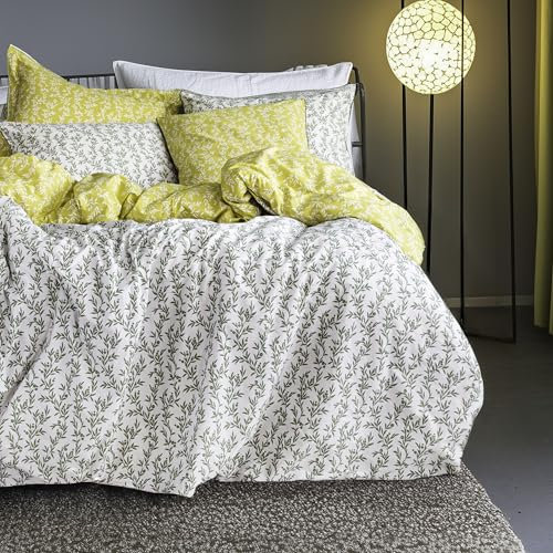 LERUUM Coton Bedding Kingsize Duvet Cover Set 100% Ditsy Autumnal Sage Green Yellow Reversible Leaf Pattern Quilt Cover Set (King Size Pure)