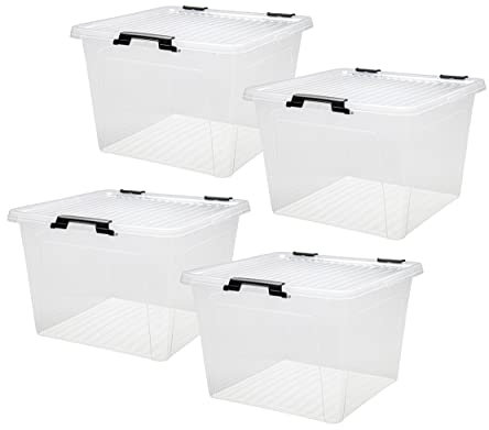 Dynamic24 Aufbewahrungsbox 26L mit Deckel und Clipverschluss 40x40xH27cm Kunststoffbox Stapelbox Lager Regal Box transparent stapelbar Stapelboxen für Kleidung Spielzeug Deko Aufbewahrung