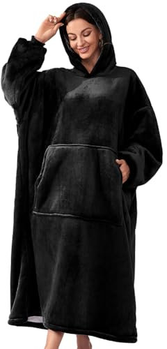 Michorinee Hoodie Decke Extra Lang Sherpa Tragbare Decke als Geschenke für Frauen Herren - Übergroße Decken Hoodie Weiche Warme Fleece Flanell Kuscheldecke mit Ärmeln und Tasche Schwarz