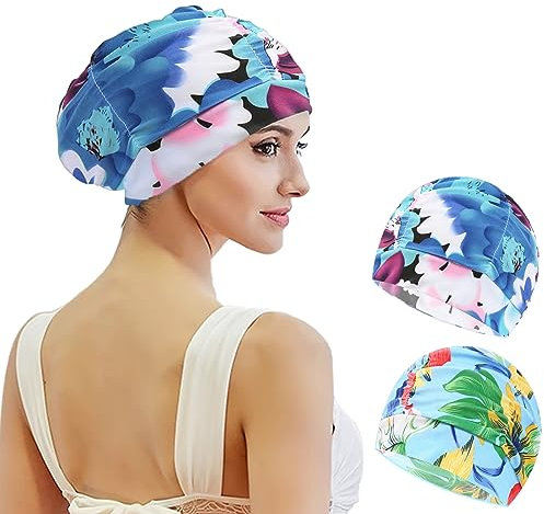 2 Pcs Gorro Piscina Mujer Niños Tela Gorro de Natación para Pelo Largo y Corto de Poliéster Suave Gorros Piscina Tela para Niños Mujeres (Flores Azul verdosas)