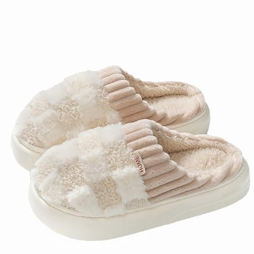 HANDKEI Damen und Herren Warm und Anti Rutsch Winter Home Plüsch Hausschuhe (Kariertes Weiß, Erwachsene, Damen, 38, Numerisch (von/bis), EU Schuhgrößensystem, 39, M)