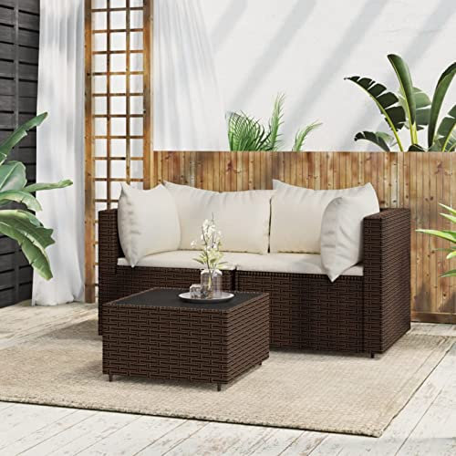 Homgoday Gartenmöbel Set 3-TLG. Balkonmöbel Gartenlounge mit Kissen Sitzgruppe Lounge Sofa Ecksofa Ecklounge Gartengarnitur Rattanmöbel für Garten Balkon und Terrasse Braun