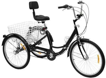 HOARLICN Dreirad für Erwachsene Dreirad 24 Zoll, Fahrrad mit Korb 3-Rad Fahrrad 7 Gang Fahrrad Trike mit Licht & Einkaufskorb Fahrrad City Bike Faltbar Höhenverstellbar Tricycle, Schwarz