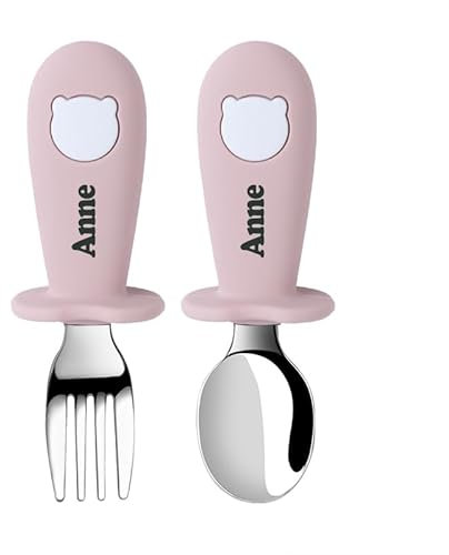 TYRY.HU Personalizada Cubiertos para Bebés Cucharas Juego de Tenedores Infantiles Niños Pequeños Acero Inoxidable con Silicona Nombres Diseño Antiahogo de Sujeción