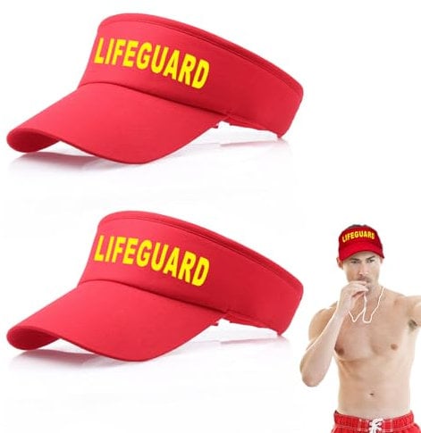 FUIPVGI 2 Stücke Rettungsschwimmer Zubehör, Rettungsschwimmer Hut, Garde-Kostüm-Set Hut, Verstellbaren Hut, Kostüm Hut für Halloween, Baywatch Hut, für Strand, Pool, Party (Rot)