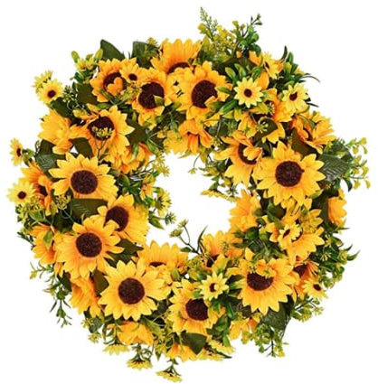 Summer Wreath Yellow Sunflower Green Leaves Garland Artificial Flower Wreath for Front Door 40cm