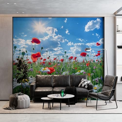 Fototapete Blumenmeer Gänseblümchen Mohn Blumen Vlies Tapeten Wandtapete, Blau Moderne Wanddeko Design Wand Dekoration Wohnzimmer Schlafzimmer Büro Flur 200 x 140 cm (WxH) Wandtapete
