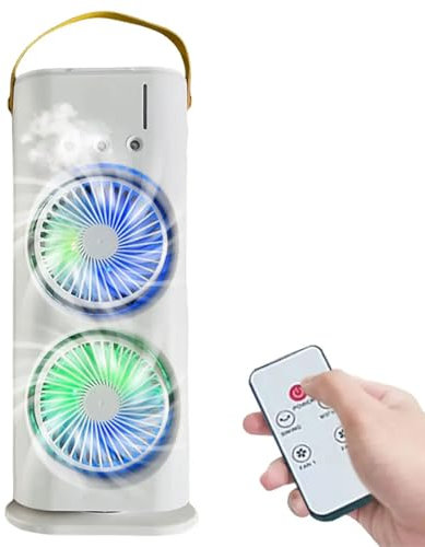 Ventilador De Aire Acondicionado Con Pulverizador De Doble Cabezal, Enfriador De Aire Portátil De 3 Velocidades Recargable/USB Con Control Remoto Para Oficina Y Hogar,White