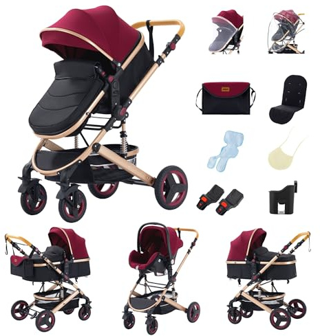 GLOKID Kinderwagen 3 in 1 Komplettset bis 22 kg, Höhenverstellbarer, Babyschale 40-75 cm, verstellbare Liegeposition, zusammenklappbar, Wickeltasche, Moskitonetz und Adapter (530 Rot)