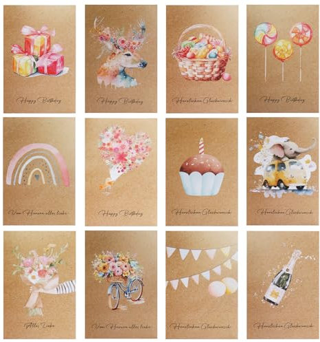 Geburtstagskarten Set mit Umschlag, 12 Stück Glückwunsch Klappkarten, lustige geburtstagskarte Geburtstag, happy birthday karte, geburtstagskarte für frau männer mädchen kinder