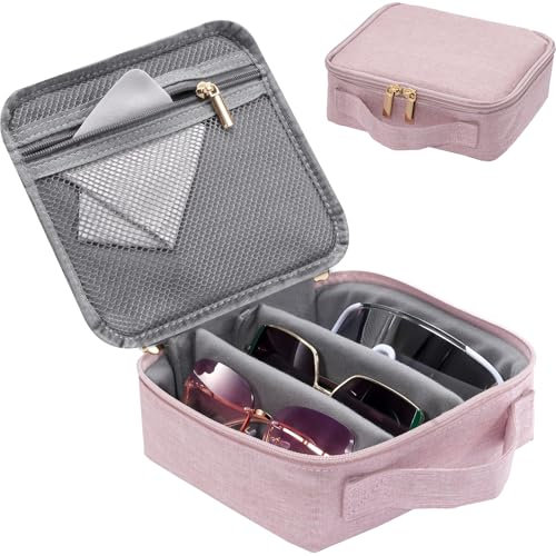 Lolalet Travel Sunglasses Case, 4 Slots Hard Traveling Sunglasses Organizer Bag Multiple Pairs Portable Carrying Eyeglasses Eye Wear Glasses Storage Holder for Men Women -Pink