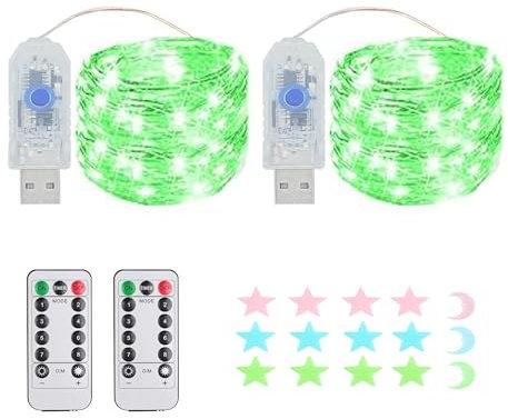 2 Stück LED Lichterkette, 50LED 5M / 17Ft 8 Modi USB lichterkette außen/innen Wasserdichte mit Fernbedienung für Schlafzimmer, Hof, Hochzeit, Weihnachten, DIY etc (grün)