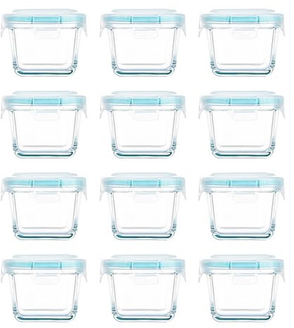 Mini Glass Food Storage Containers - 12 Pack 160 ml Small Square Glass Jars with Locking Lids - Airtight Food Containers - Freezer, Microwave, Dishwasher Safe